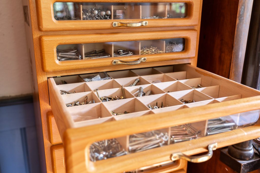 Screws and nails in draws, working space of a restaurator, Andrea Schenke Photography, Wittlich